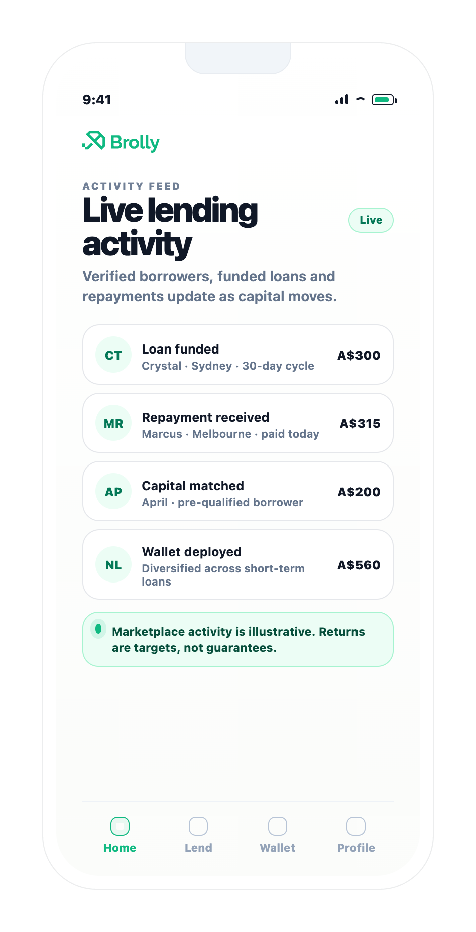 Live lending activity Brolly app screen