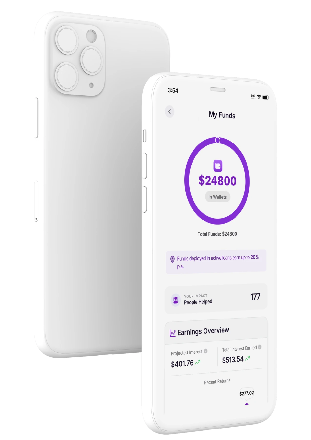 Brolly lender app My Funds screen showing wallet funds, impact and earnings overview